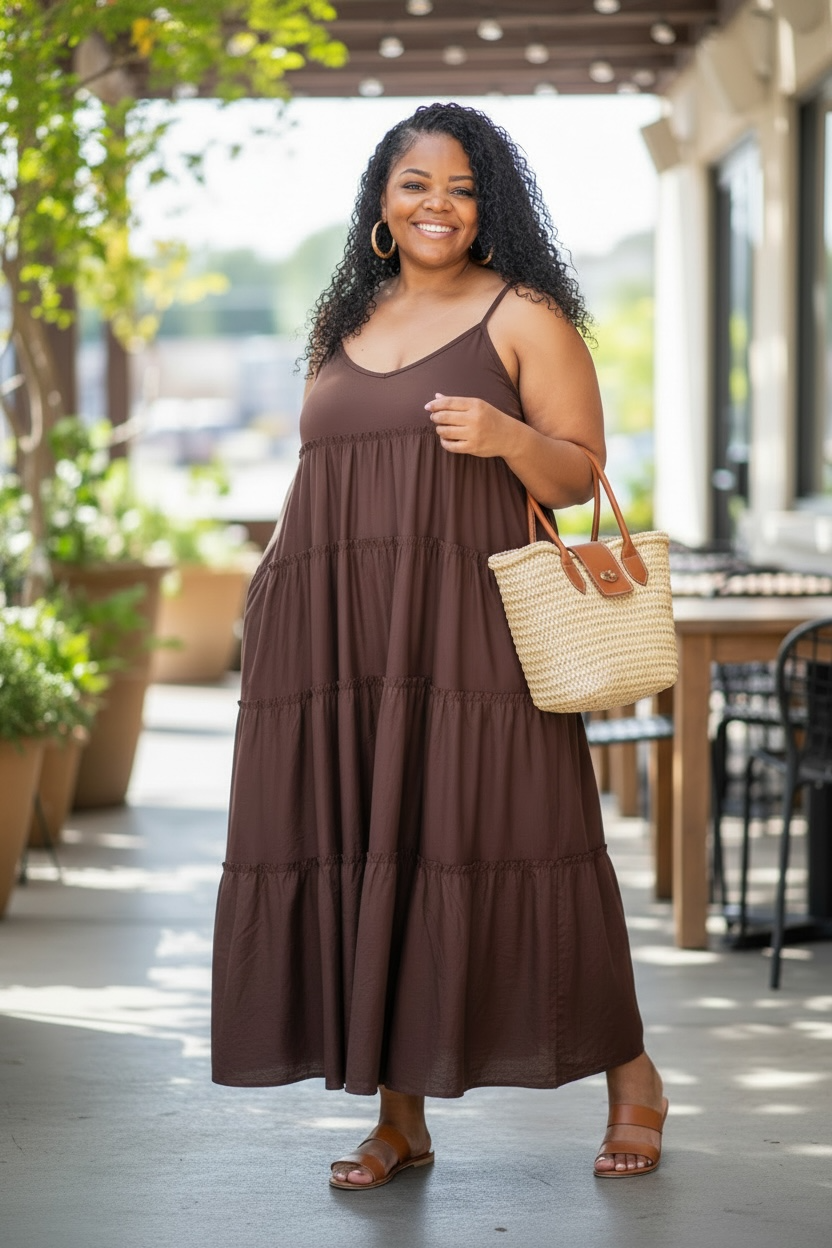 Woman in a brown dress holding a beige handbag outdoors.