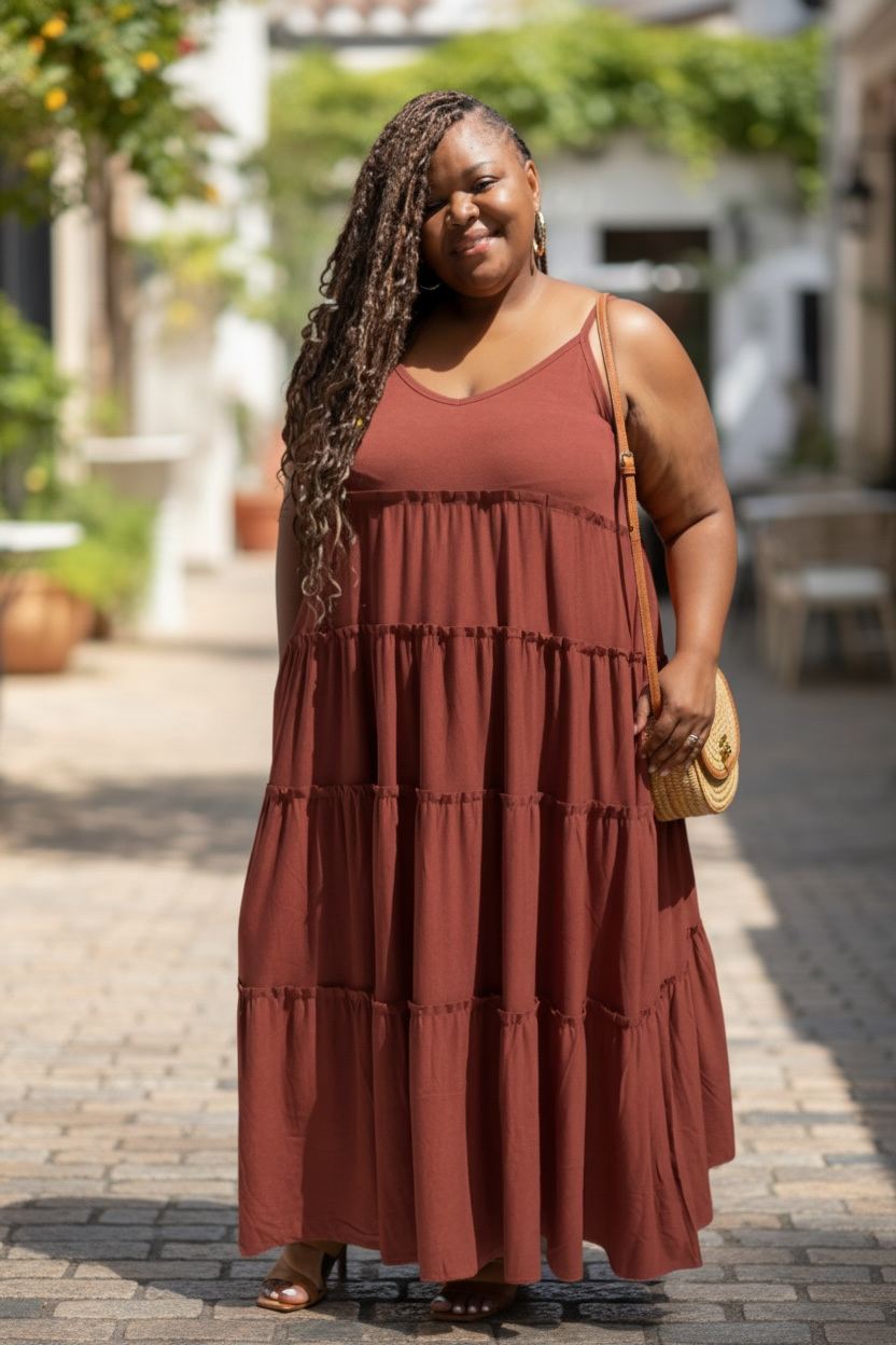 Woman wearing a rust-colored tiered dress standing on a street with blurred background